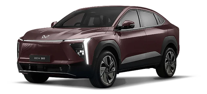Mahindra XEV 9e electric SUV coupe in Ruby Velvet, product shot (CarDekho)